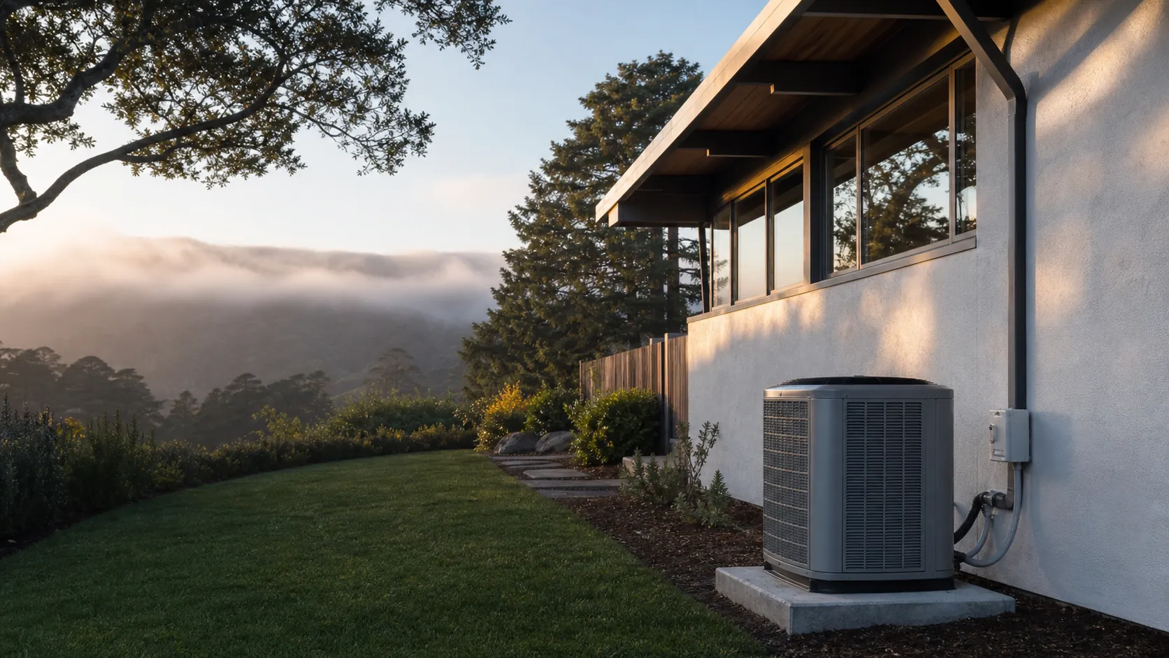 Modern outdoor air-conditioning condenser beside a mid-century Peninsula home on a tree-lined San Mateo street, with the coastal foothills and morning fog behind.